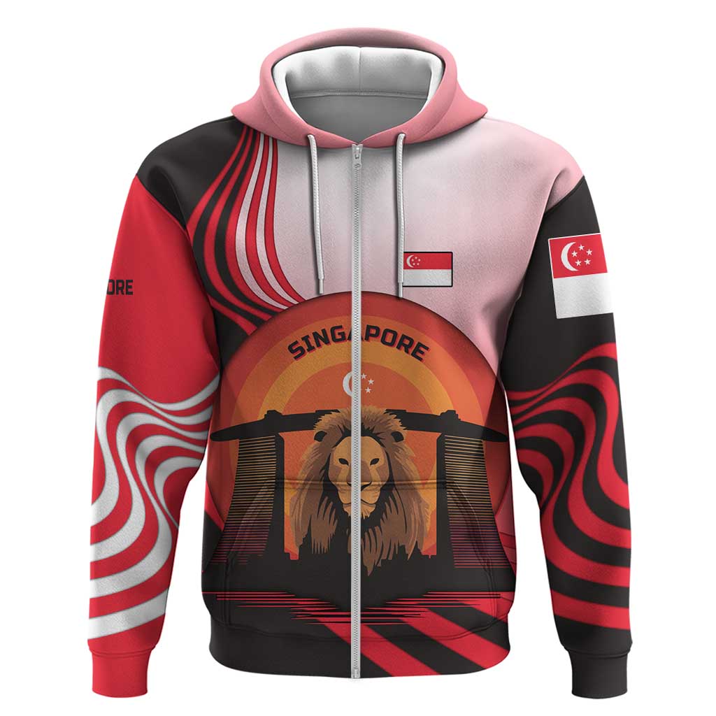 Singapore Lion Zip Hoodie with Sunset Marina Bay Design and National Flag