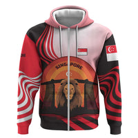 Singapore Lion Zip Hoodie with Sunset Marina Bay Design and National Flag