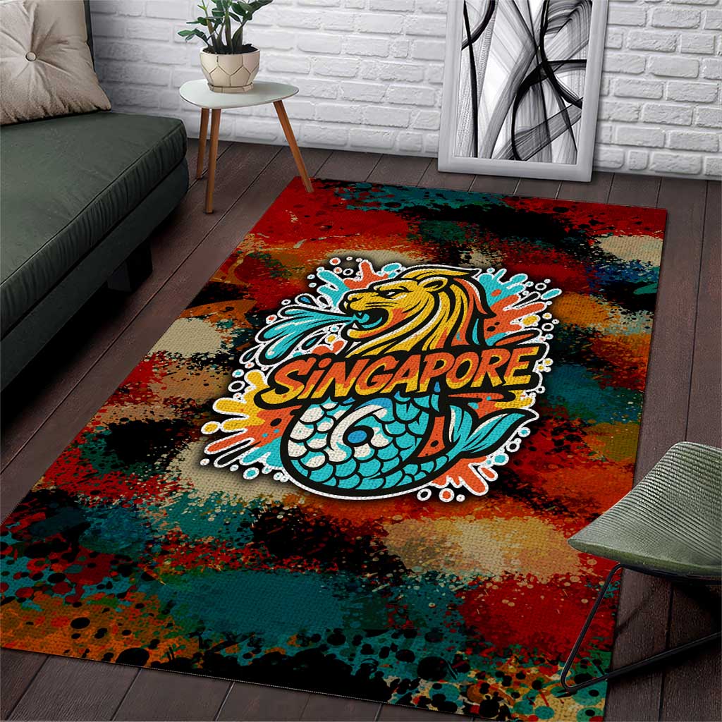 Singapore Merlion Area Rug with Graffiti Art Style and National Flag