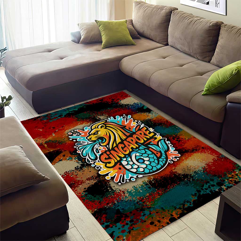 Singapore Merlion Area Rug with Graffiti Art Style and National Flag