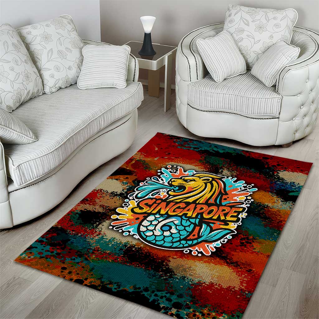 Singapore Merlion Area Rug with Graffiti Art Style and National Flag