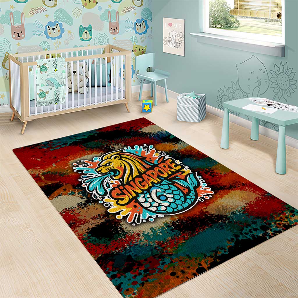Singapore Merlion Area Rug with Graffiti Art Style and National Flag