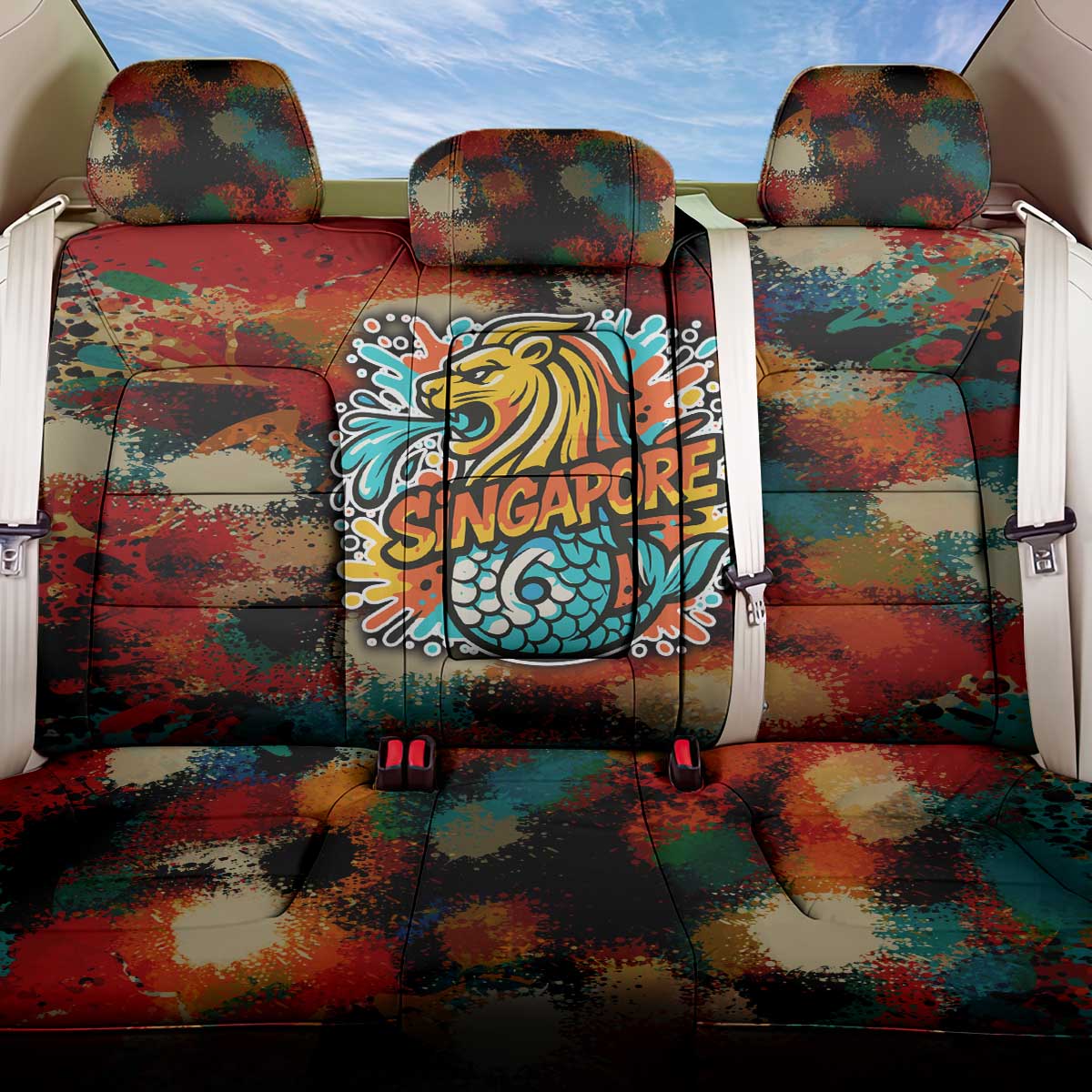 Singapore Merlion Back Car Seat Cover with Graffiti Art Style and National Flag