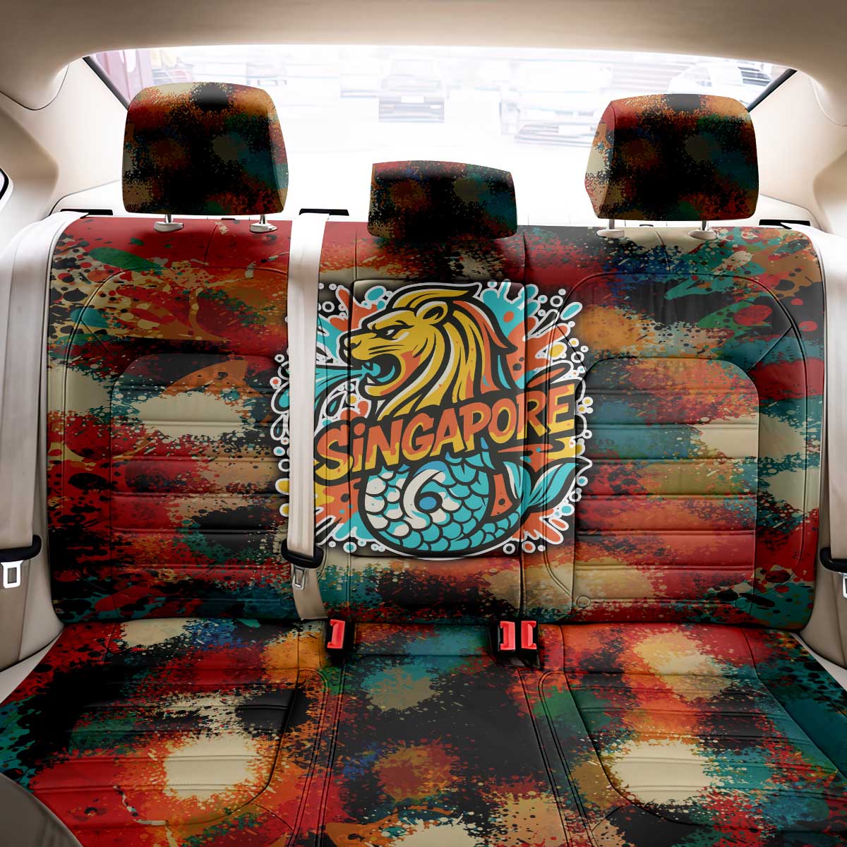 Singapore Merlion Back Car Seat Cover with Graffiti Art Style and National Flag