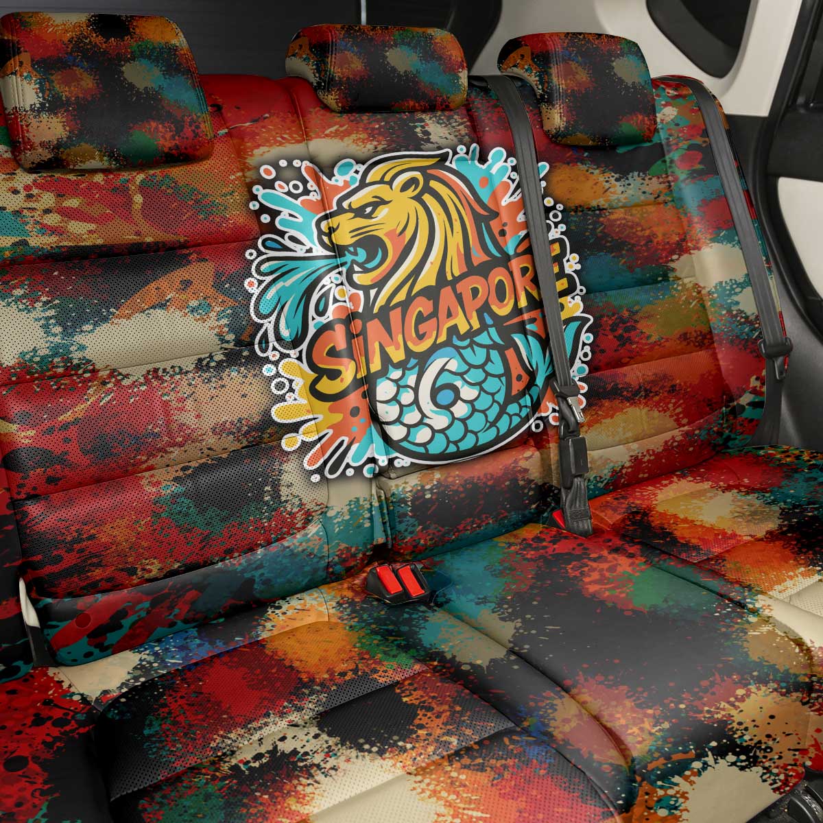 Singapore Merlion Back Car Seat Cover with Graffiti Art Style and National Flag