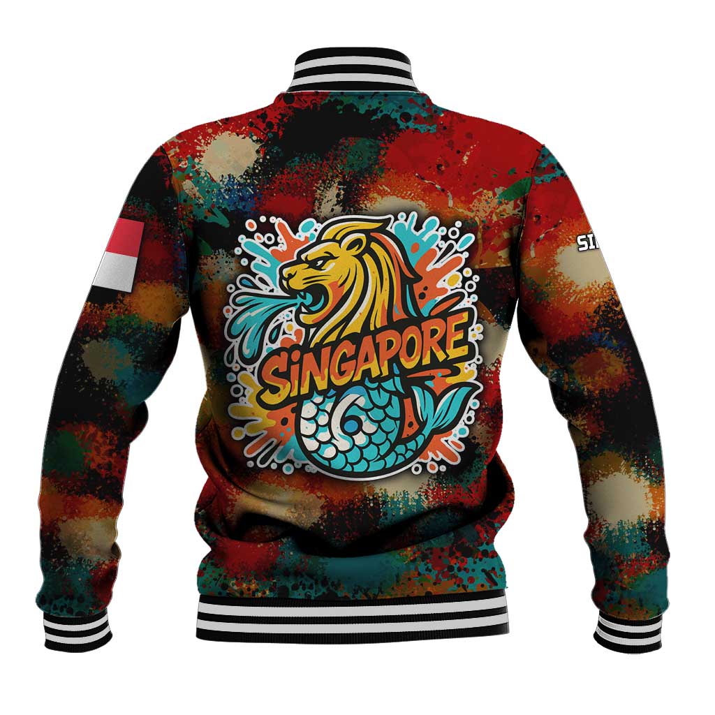 Singapore Merlion Baseball Jacket with Graffiti Art Style and National Flag