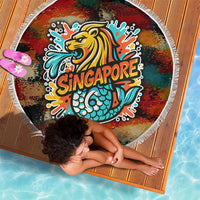 Singapore Merlion Beach Blanket with Graffiti Art Style and National Flag
