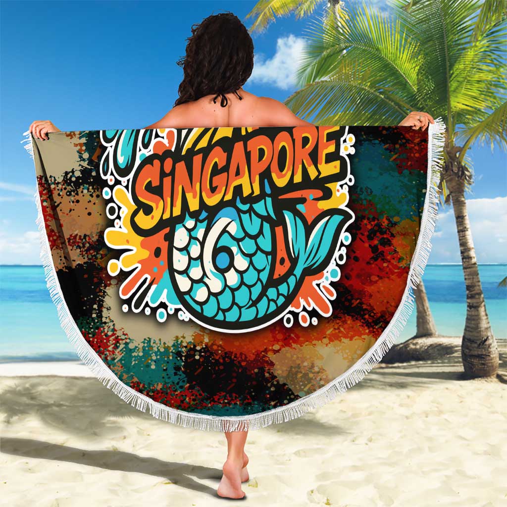 Singapore Merlion Beach Blanket with Graffiti Art Style and National Flag