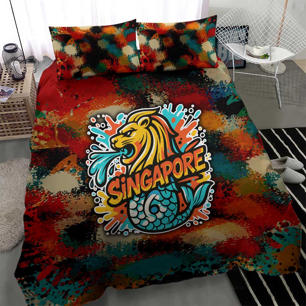 Singapore Merlion Bedding Set with Graffiti Art Style and National Flag