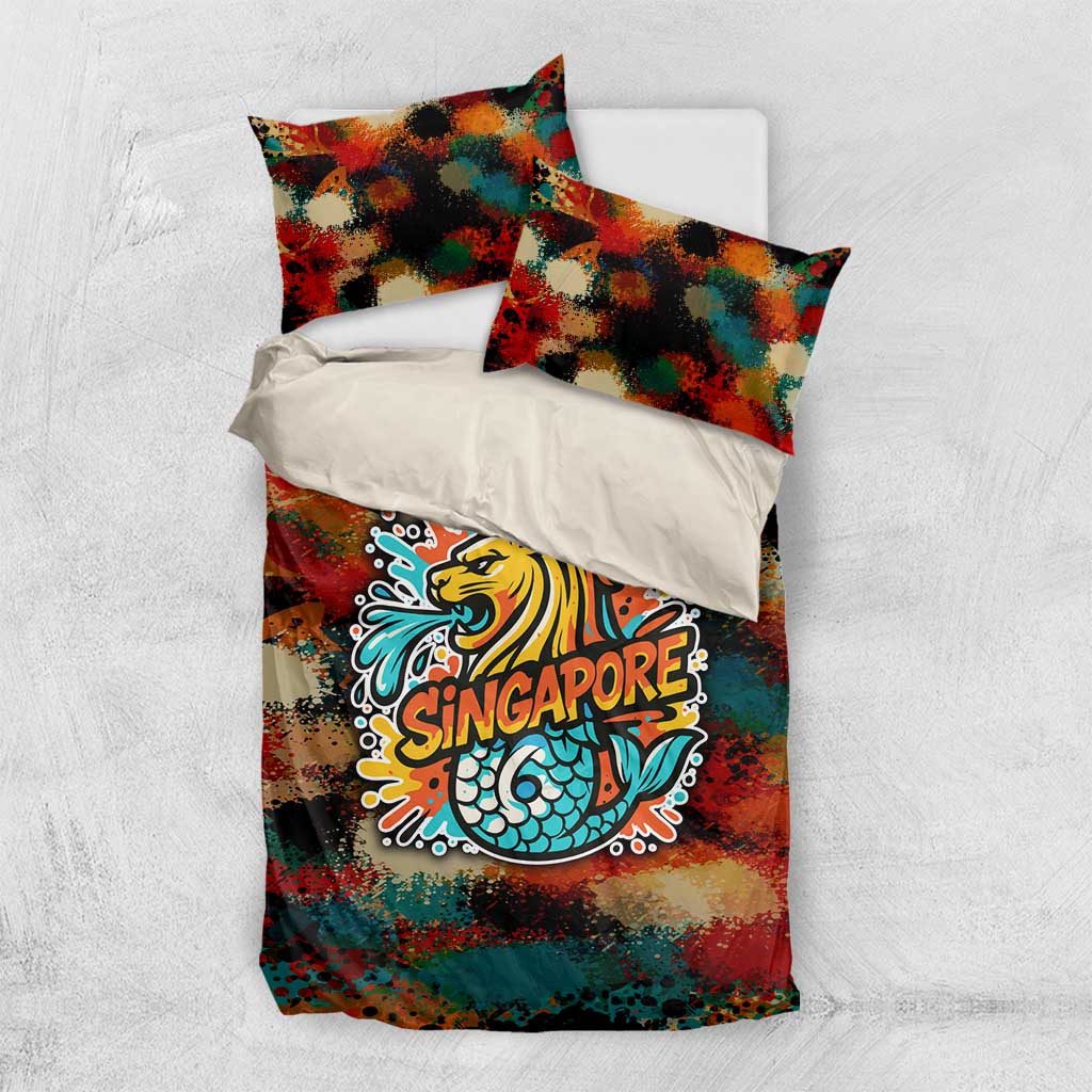 Singapore Merlion Bedding Set with Graffiti Art Style and National Flag