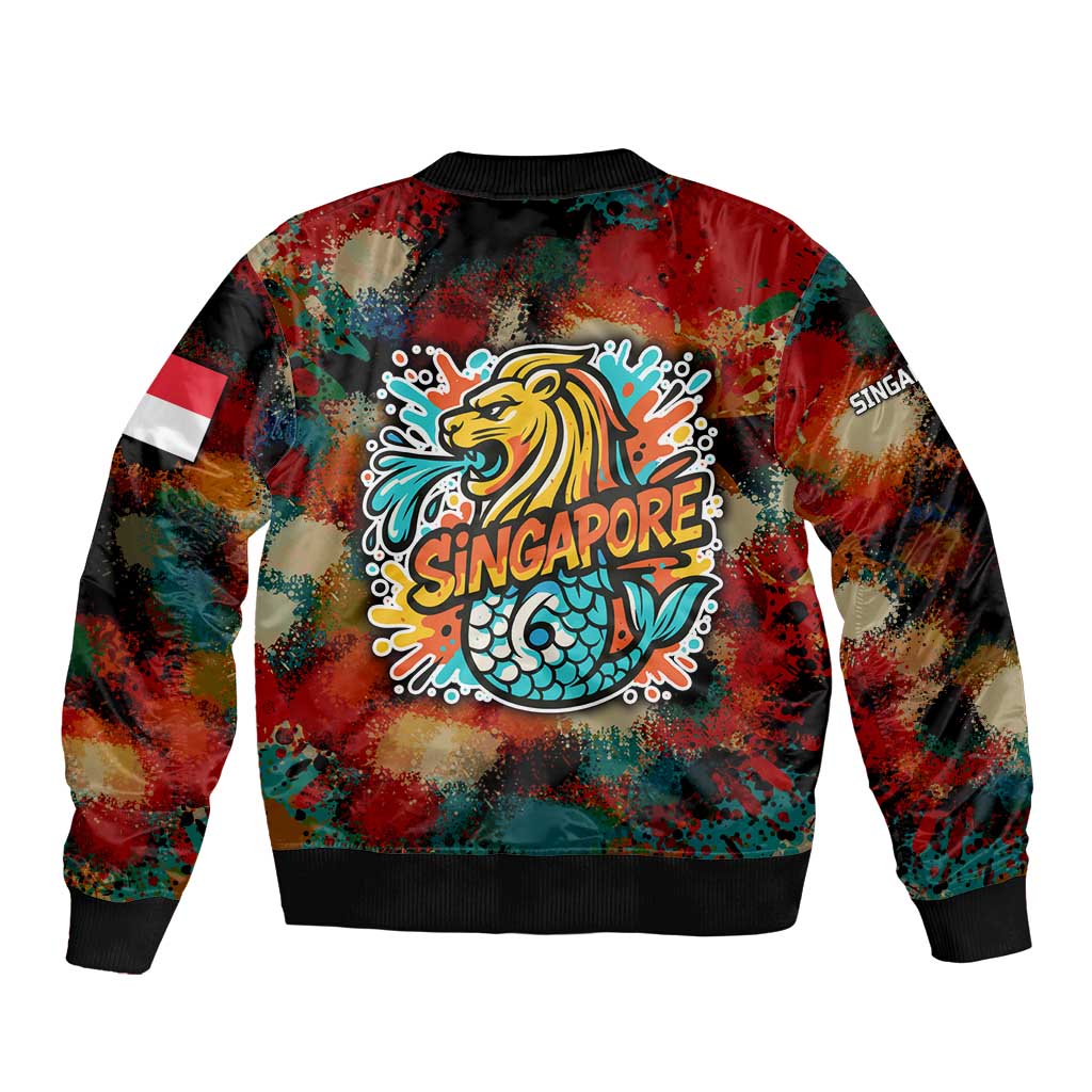 Singapore Merlion Bomber Jacket with Graffiti Art Style and National Flag
