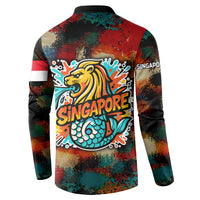 Singapore Merlion Button Sweatshirt with Graffiti Art Style and National Flag