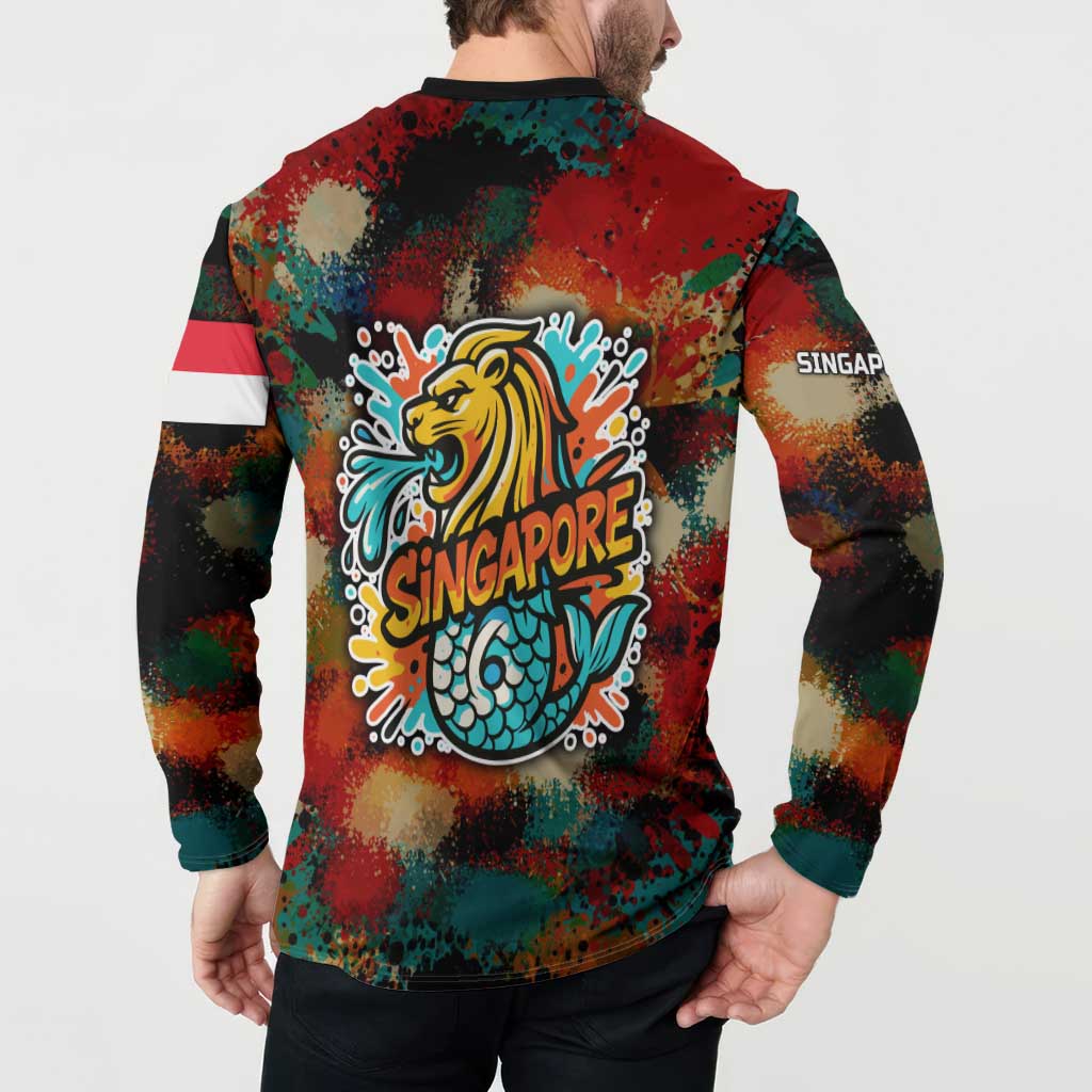 Singapore Merlion Button Sweatshirt with Graffiti Art Style and National Flag