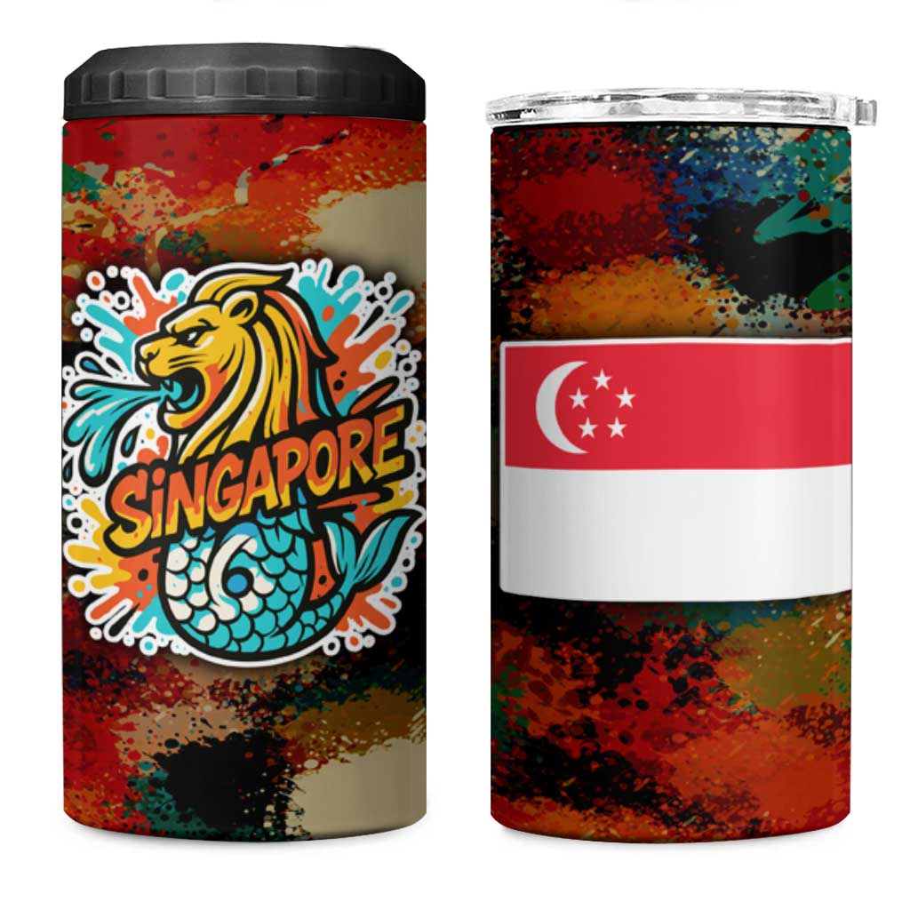 Singapore Merlion 4 in 1 Can Cooler Tumbler with Graffiti Art Style and National Flag