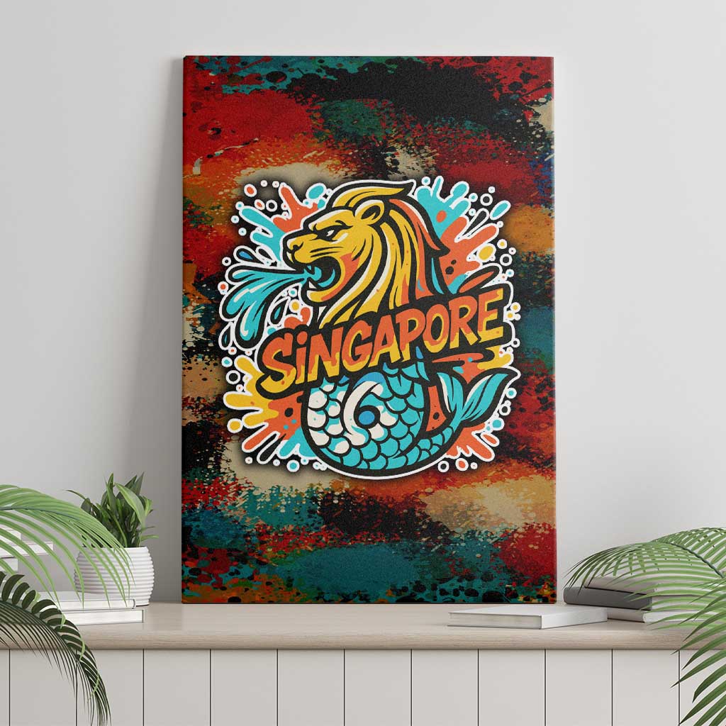 Singapore Merlion Canvas Wall Art with Graffiti Art Style and National Flag