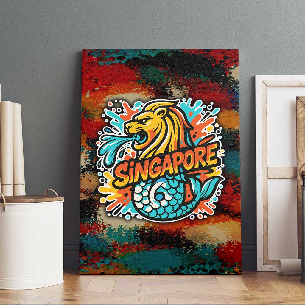 Singapore Merlion Canvas Wall Art with Graffiti Art Style and National Flag