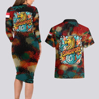 Singapore Merlion Couples Matching Long Sleeve Bodycon Dress and Hawaiian Shirt with Graffiti Art Style and National Flag