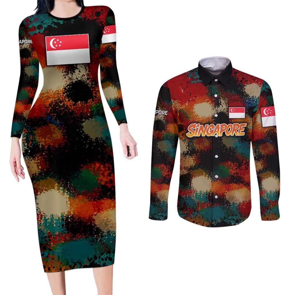 Singapore Merlion Couples Matching Long Sleeve Bodycon Dress and Long Sleeve Button Shirt with Graffiti Art Style and National Flag