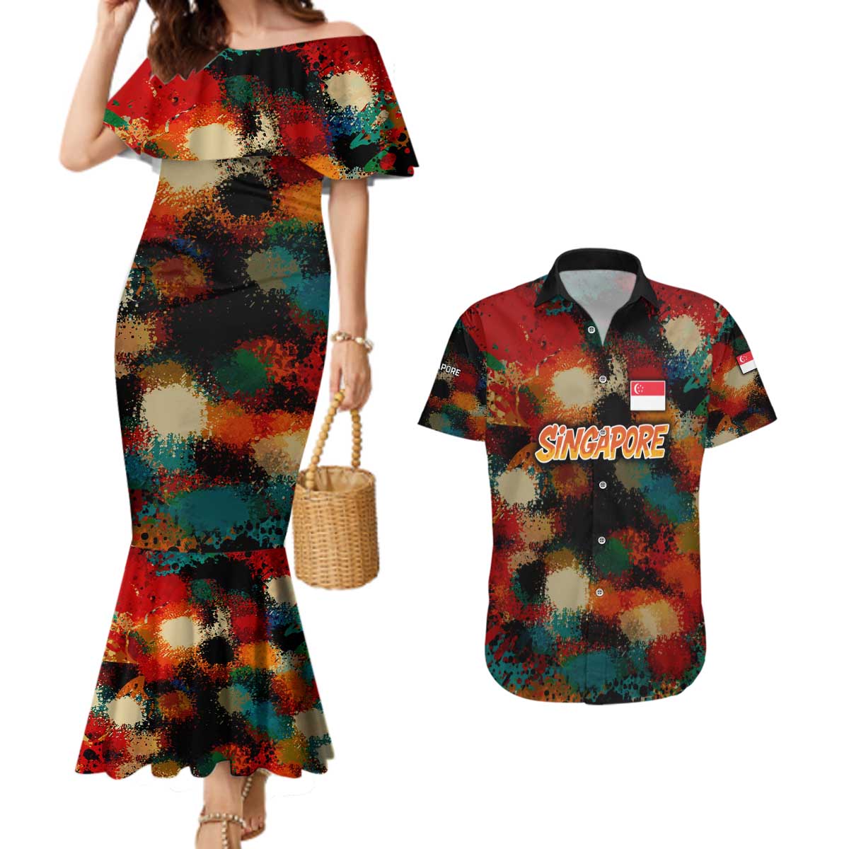 Singapore Merlion Couples Matching Mermaid Dress and Hawaiian Shirt with Graffiti Art Style and National Flag