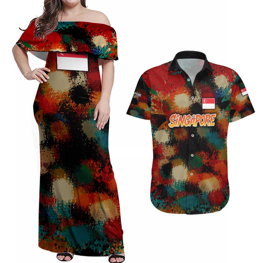Singapore Merlion Couples Matching Off Shoulder Maxi Dress and Hawaiian Shirt with Graffiti Art Style and National Flag