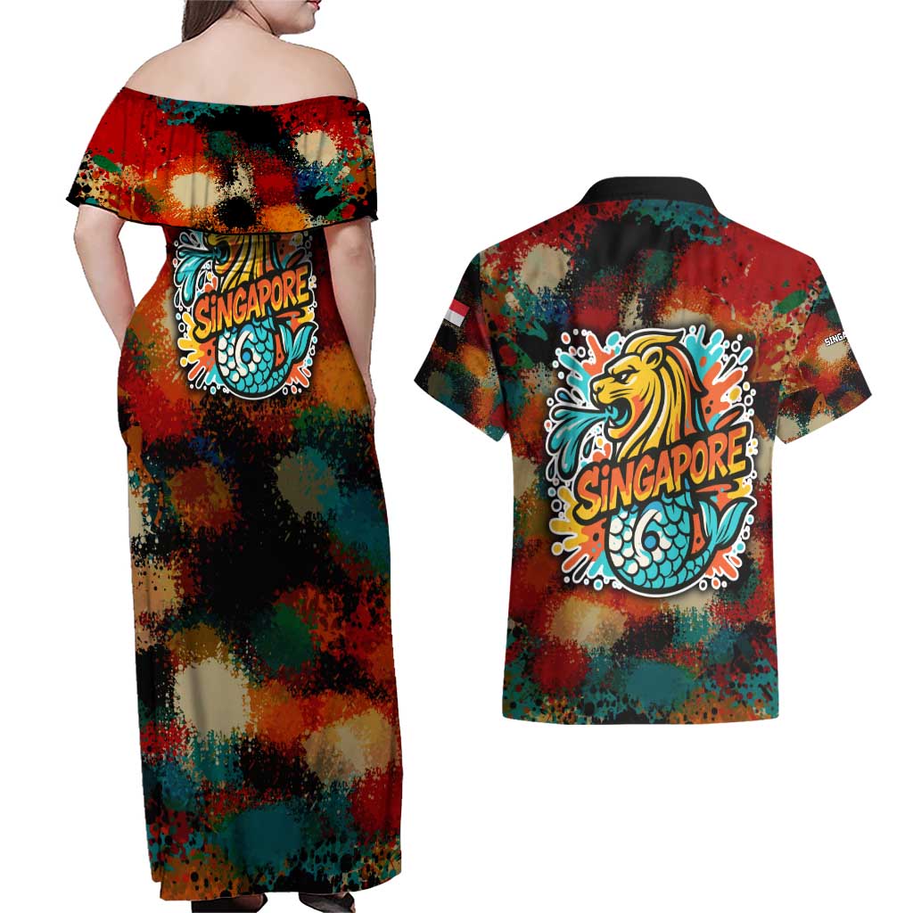 Singapore Merlion Couples Matching Off Shoulder Maxi Dress and Hawaiian Shirt with Graffiti Art Style and National Flag