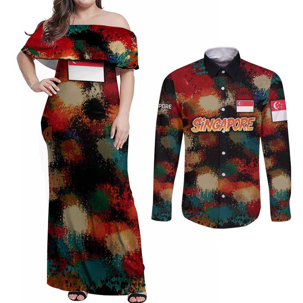 Singapore Merlion Couples Matching Off Shoulder Maxi Dress and Long Sleeve Button Shirt with Graffiti Art Style and National Flag