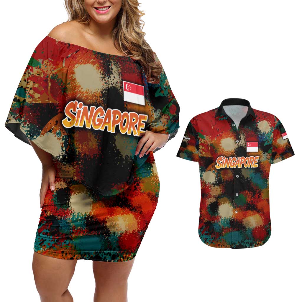 Singapore Merlion Couples Matching Off Shoulder Short Dress and Hawaiian Shirt with Graffiti Art Style and National Flag