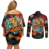 Singapore Merlion Couples Matching Off Shoulder Short Dress and Long Sleeve Button Shirt with Graffiti Art Style and National Flag