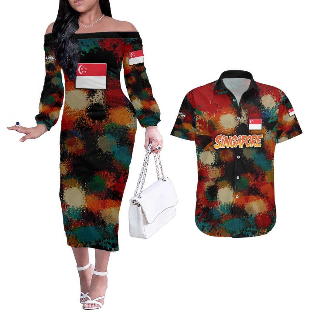 Singapore Merlion Couples Matching Off The Shoulder Long Sleeve Dress and Hawaiian Shirt with Graffiti Art Style and National Flag