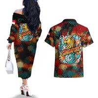 Singapore Merlion Couples Matching Off The Shoulder Long Sleeve Dress and Hawaiian Shirt with Graffiti Art Style and National Flag