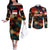 Singapore Merlion Couples Matching Off The Shoulder Long Sleeve Dress and Long Sleeve Button Shirt with Graffiti Art Style and National Flag