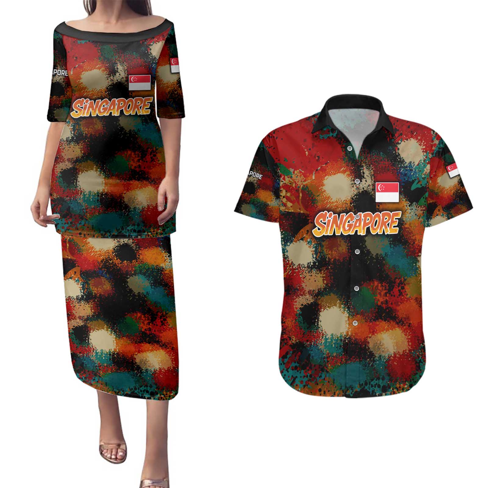 Singapore Merlion Couples Matching Puletasi and Hawaiian Shirt with Graffiti Art Style and National Flag