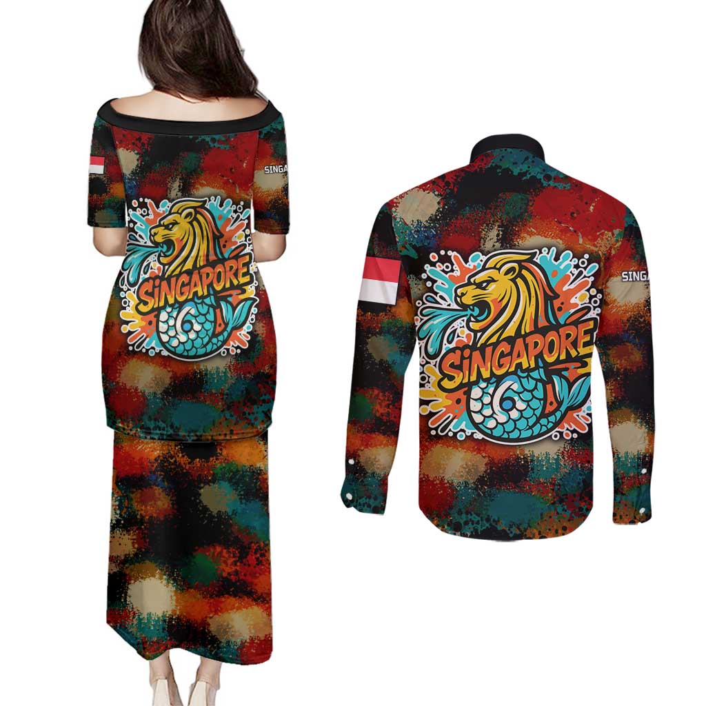 Singapore Merlion Couples Matching Puletasi and Long Sleeve Button Shirt with Graffiti Art Style and National Flag