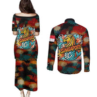 Singapore Merlion Couples Matching Puletasi and Long Sleeve Button Shirt with Graffiti Art Style and National Flag