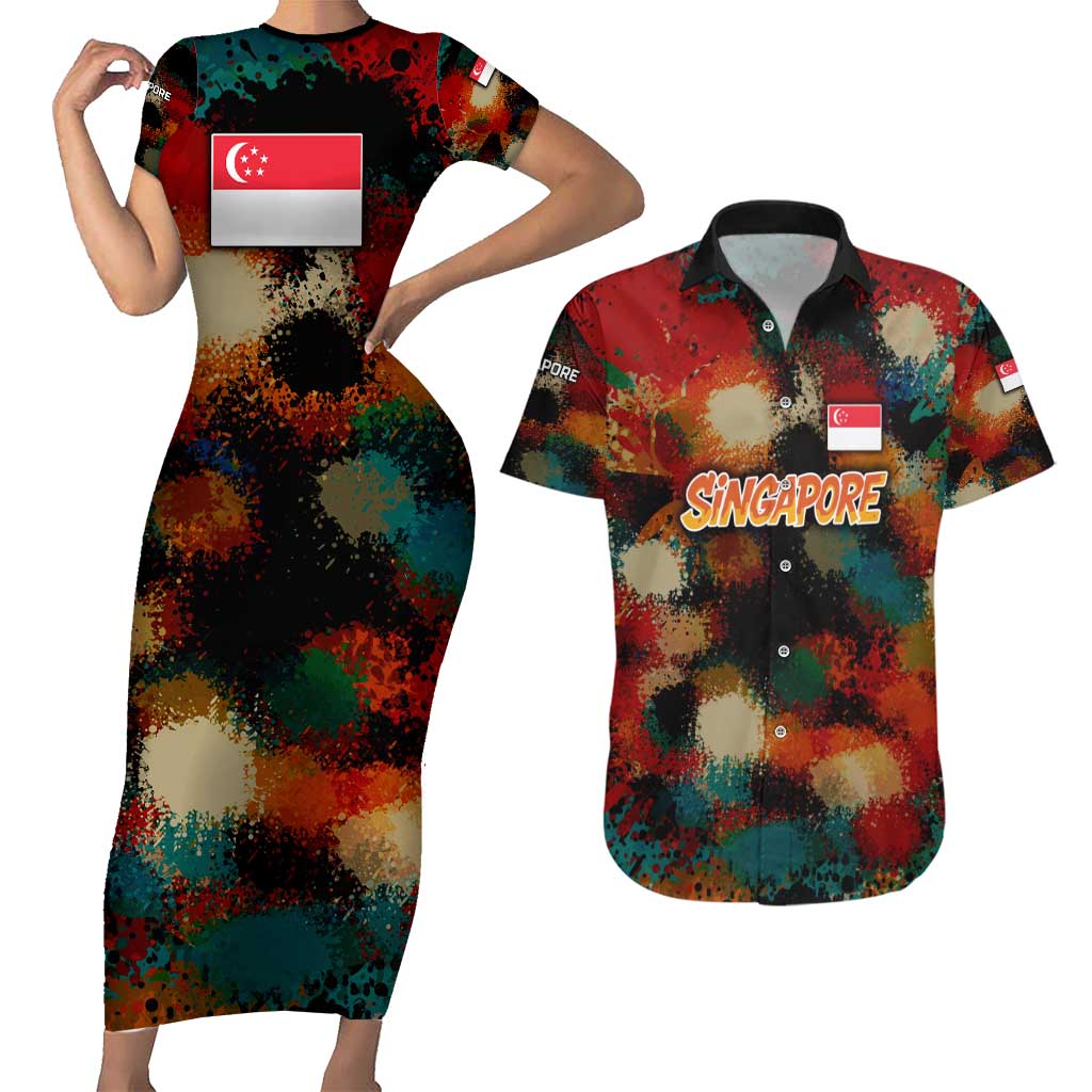 Singapore Merlion Couples Matching Short Sleeve Bodycon Dress and Hawaiian Shirt with Graffiti Art Style and National Flag