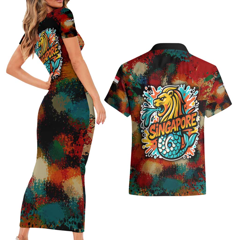 Singapore Merlion Couples Matching Short Sleeve Bodycon Dress and Hawaiian Shirt with Graffiti Art Style and National Flag