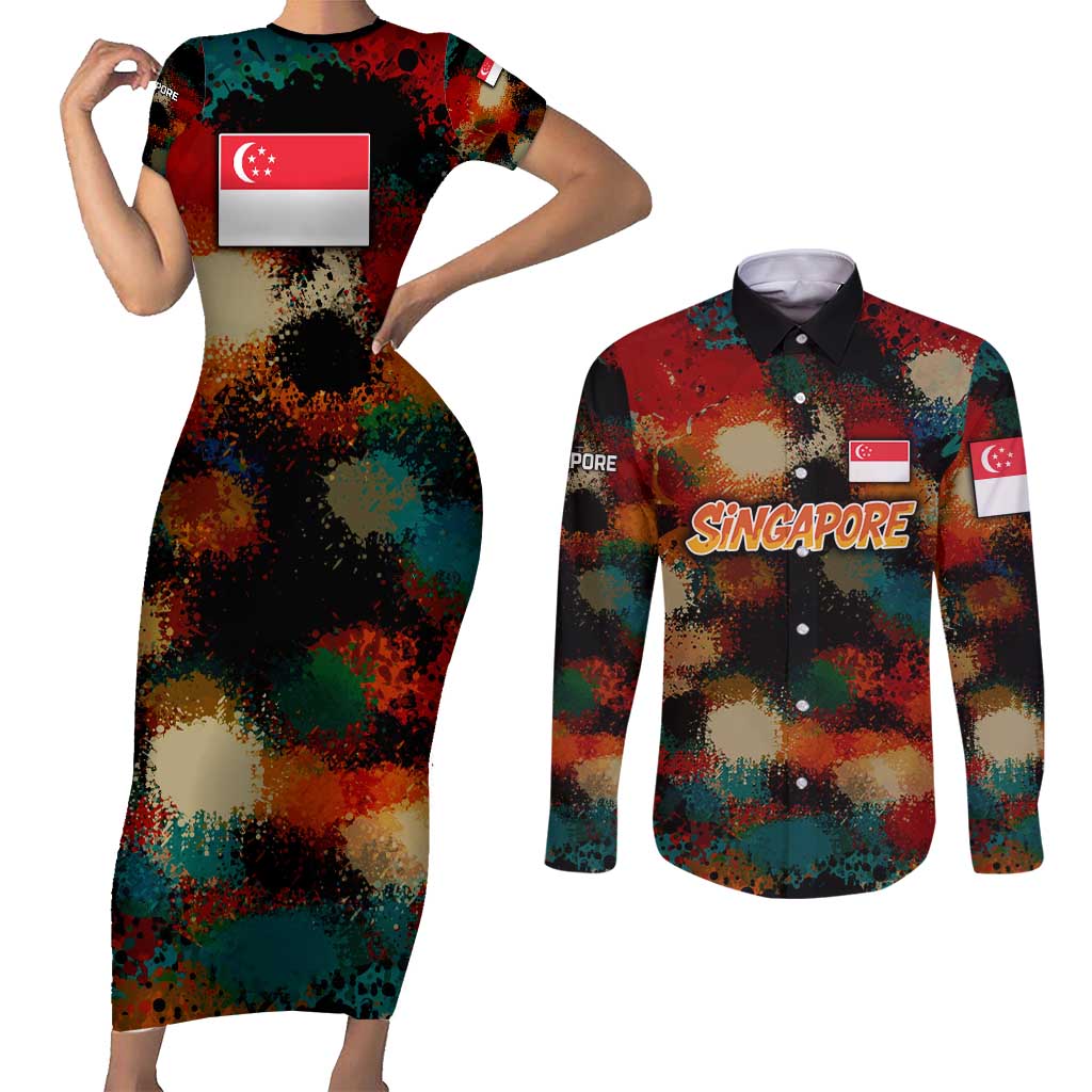Singapore Merlion Couples Matching Short Sleeve Bodycon Dress and Long Sleeve Button Shirt with Graffiti Art Style and National Flag