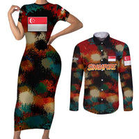 Singapore Merlion Couples Matching Short Sleeve Bodycon Dress and Long Sleeve Button Shirt with Graffiti Art Style and National Flag
