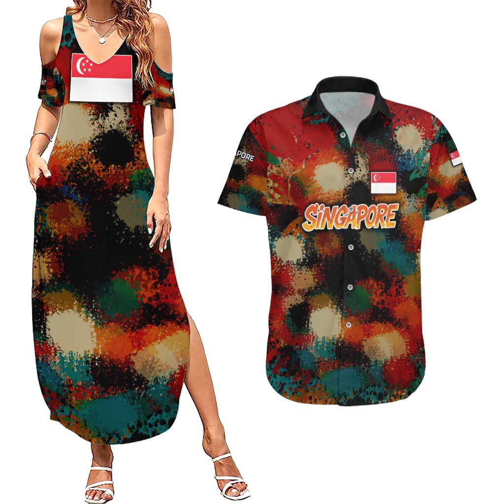 Singapore Merlion Couples Matching Summer Maxi Dress and Hawaiian Shirt with Graffiti Art Style and National Flag