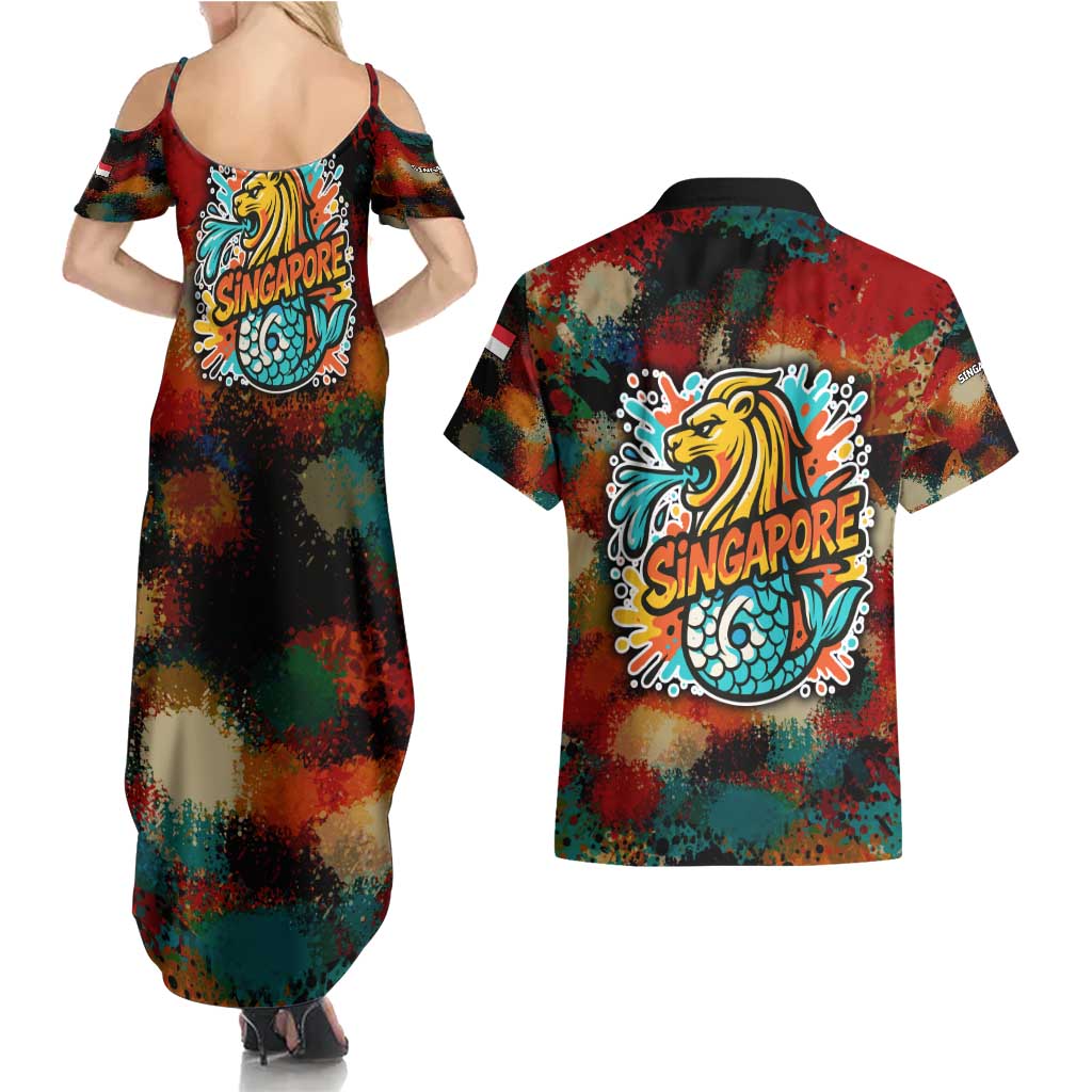 Singapore Merlion Couples Matching Summer Maxi Dress and Hawaiian Shirt with Graffiti Art Style and National Flag