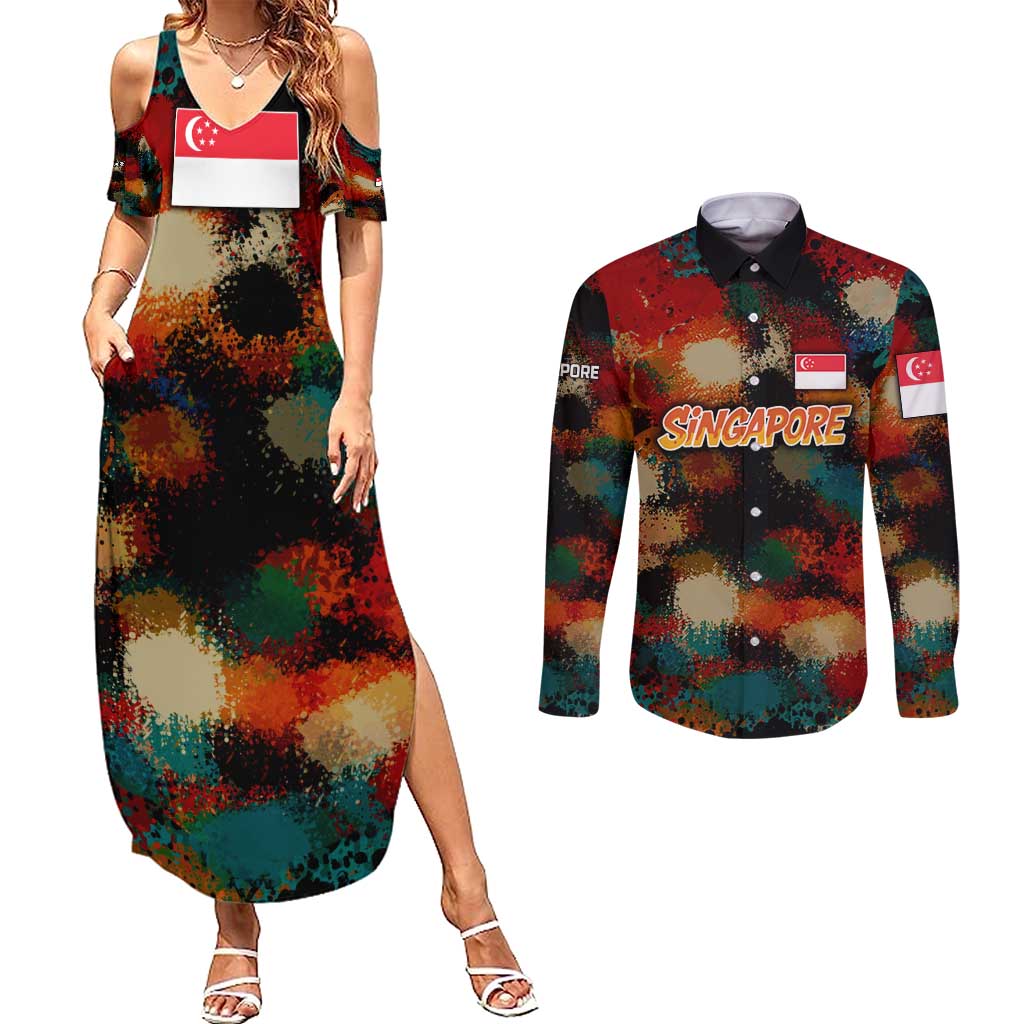 Singapore Merlion Couples Matching Summer Maxi Dress and Long Sleeve Button Shirt with Graffiti Art Style and National Flag