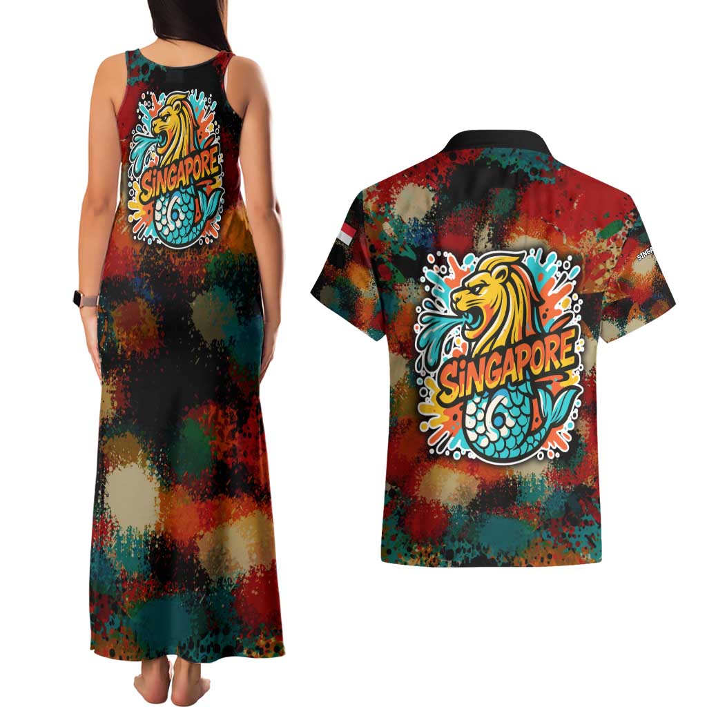 Singapore Merlion Couples Matching Tank Maxi Dress and Hawaiian Shirt with Graffiti Art Style and National Flag
