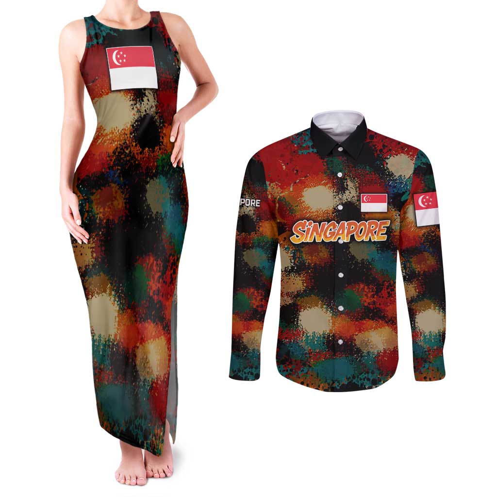 Singapore Merlion Couples Matching Tank Maxi Dress and Long Sleeve Button Shirt with Graffiti Art Style and National Flag