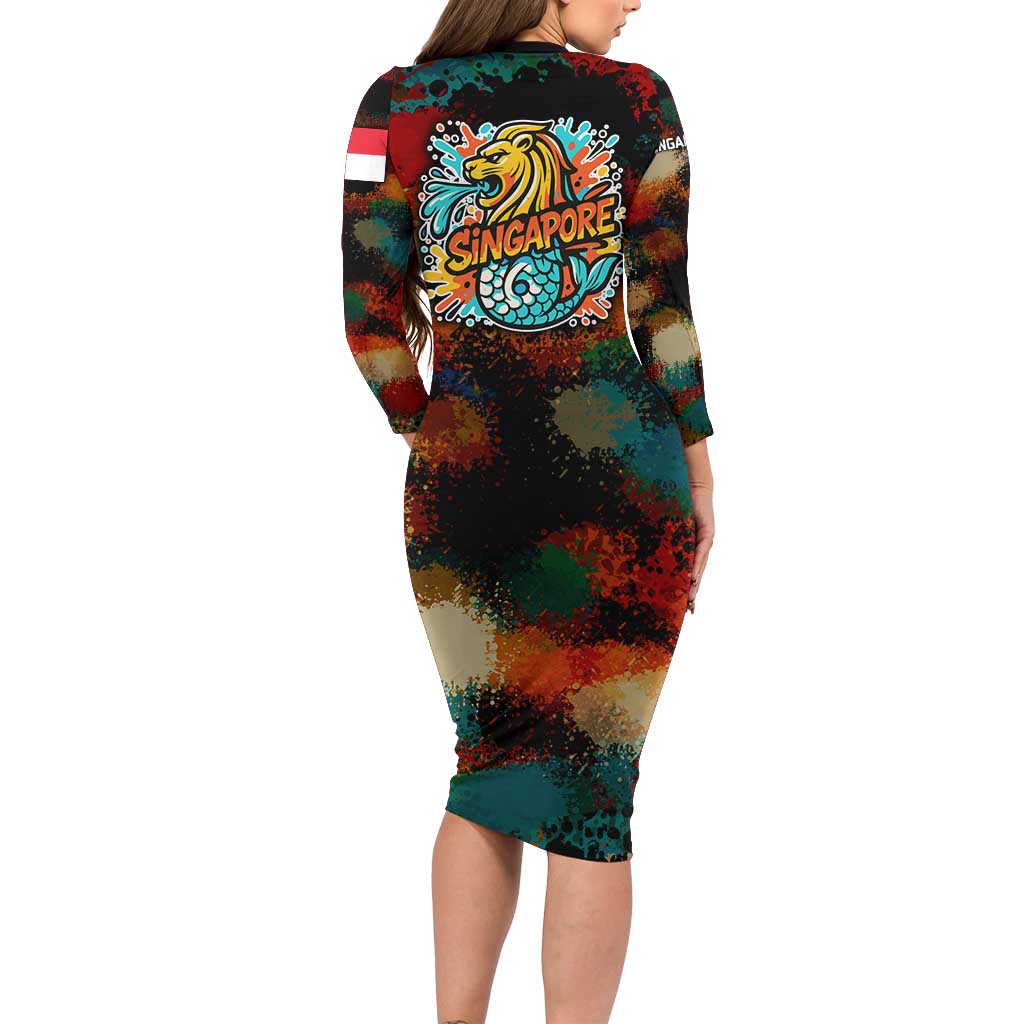 Singapore Merlion Family Matching Long Sleeve Bodycon Dress and Hawaiian Shirt with Graffiti Art Style and National Flag
