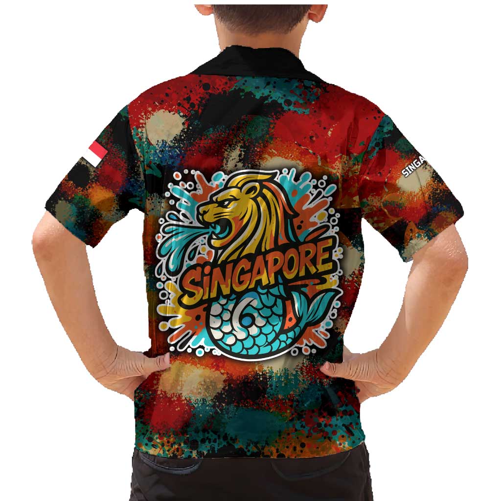 Singapore Merlion Family Matching Mermaid Dress and Hawaiian Shirt with Graffiti Art Style and National Flag