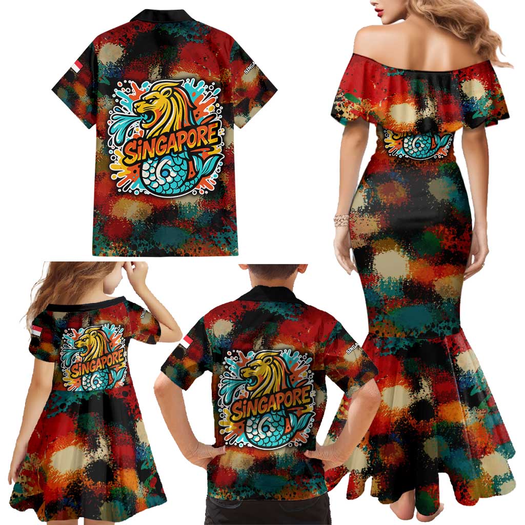 Singapore Merlion Family Matching Mermaid Dress and Hawaiian Shirt with Graffiti Art Style and National Flag