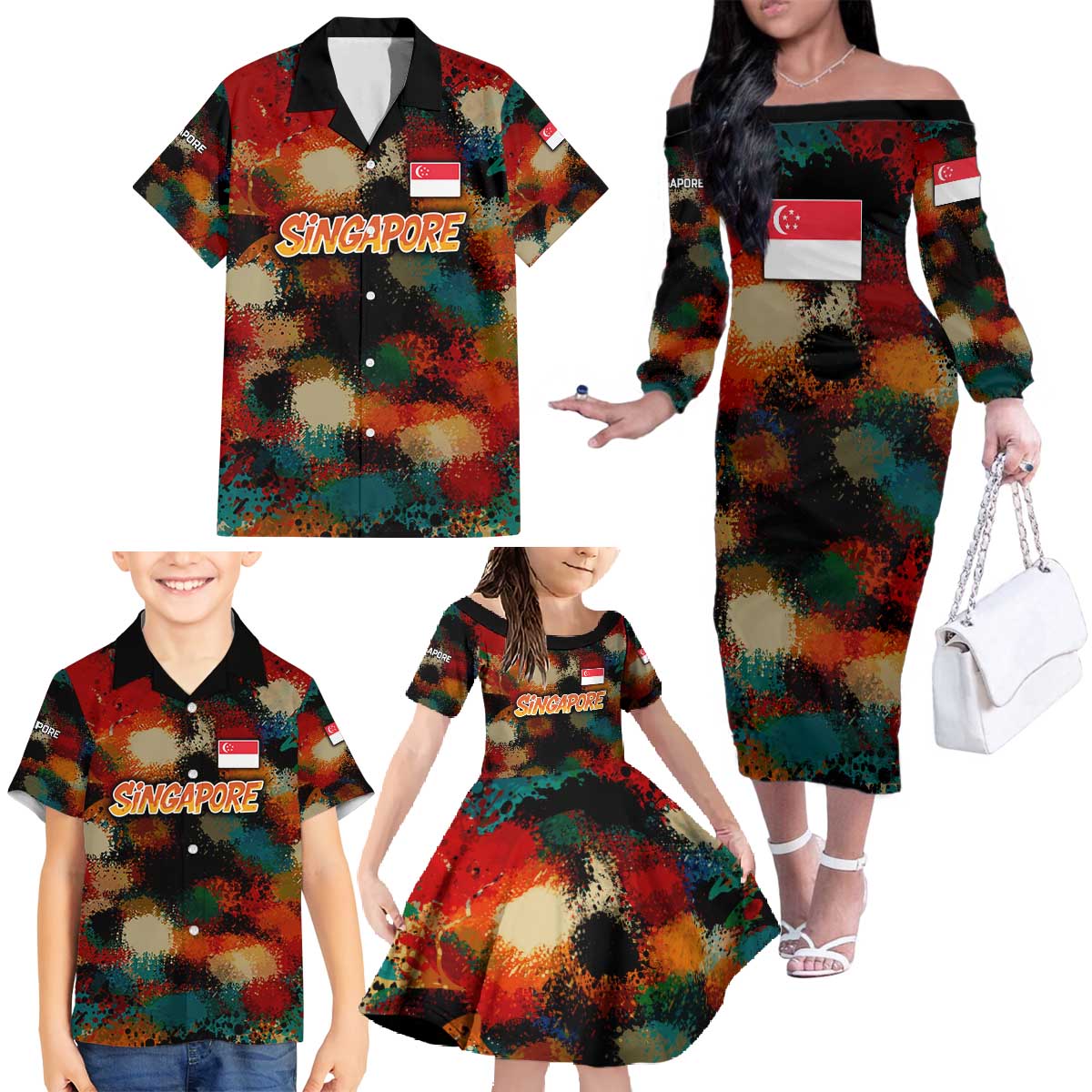 Singapore Merlion Family Matching Off The Shoulder Long Sleeve Dress and Hawaiian Shirt with Graffiti Art Style and National Flag