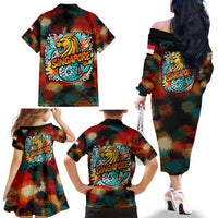 Singapore Merlion Family Matching Off The Shoulder Long Sleeve Dress and Hawaiian Shirt with Graffiti Art Style and National Flag