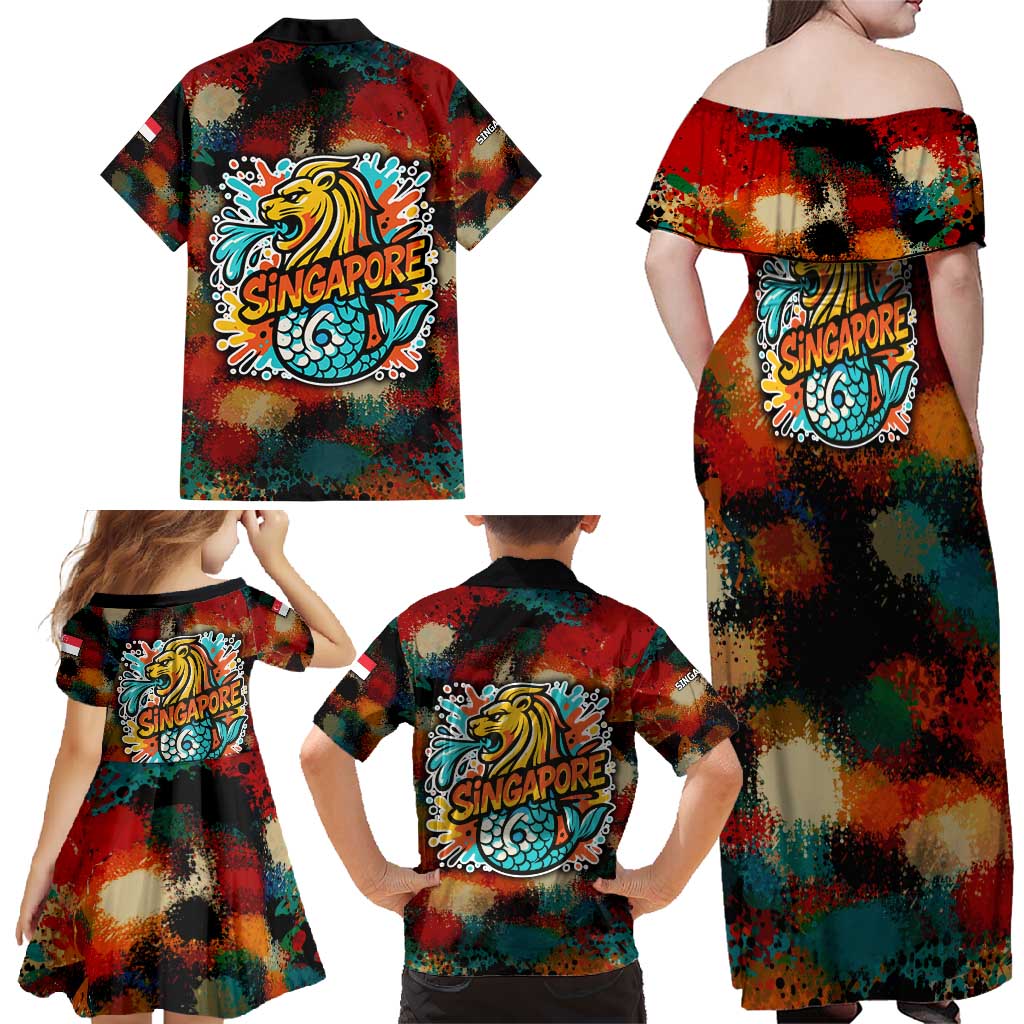 Singapore Merlion Family Matching Off Shoulder Maxi Dress and Hawaiian Shirt with Graffiti Art Style and National Flag