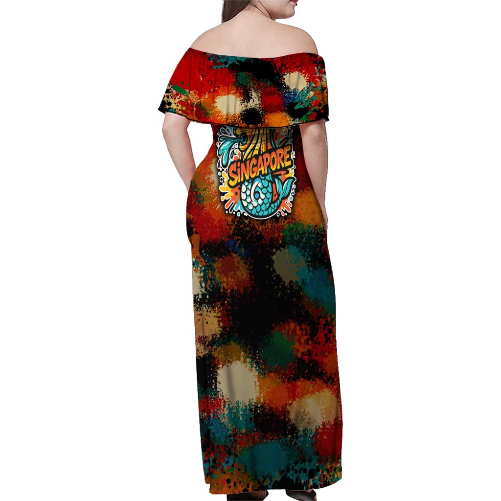 Singapore Merlion Family Matching Off Shoulder Maxi Dress and Hawaiian Shirt with Graffiti Art Style and National Flag